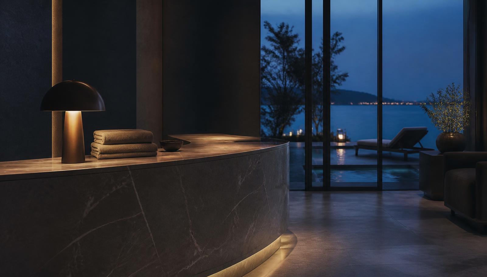 Calm premium visitor environment at dusk, with reception counter, spa water and lounge terrace