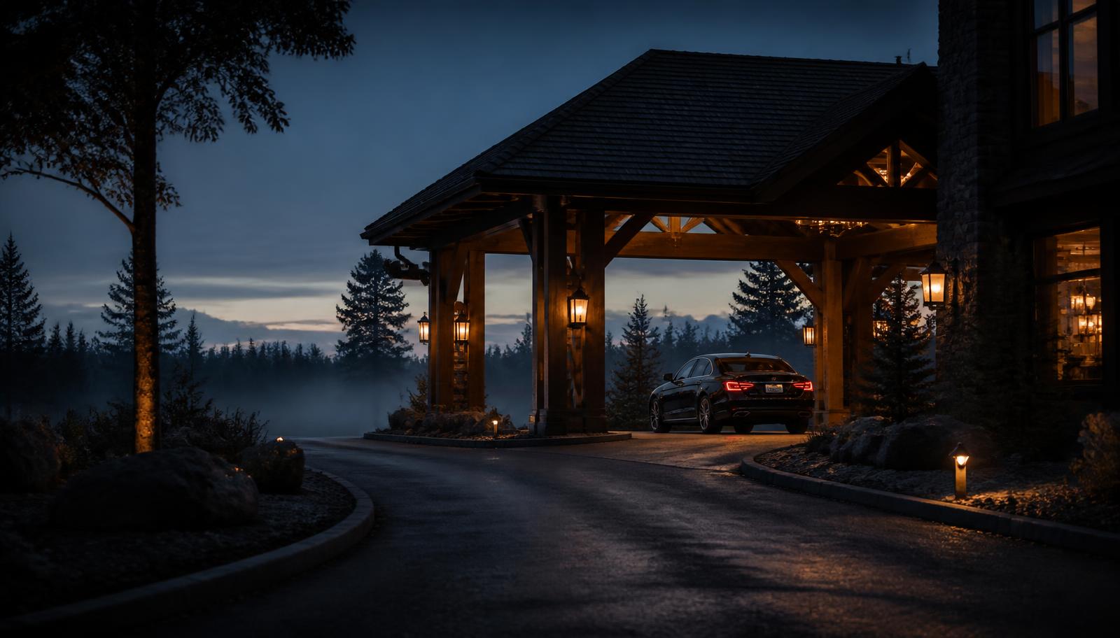 Arrival court of a discreet luxury lodge at dusk with mist and lamplight