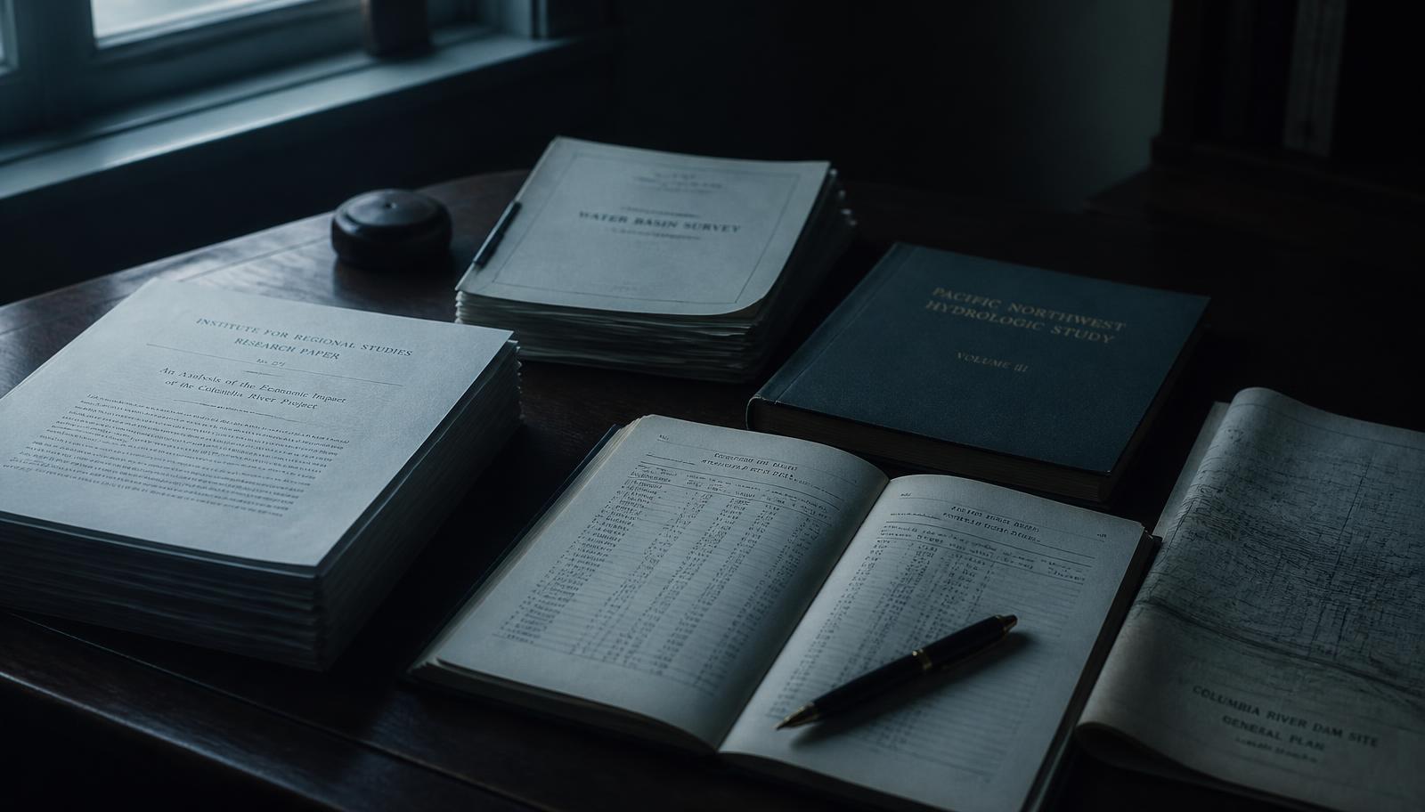 Bound research files, printed evidence and analytical documents on a dark desk